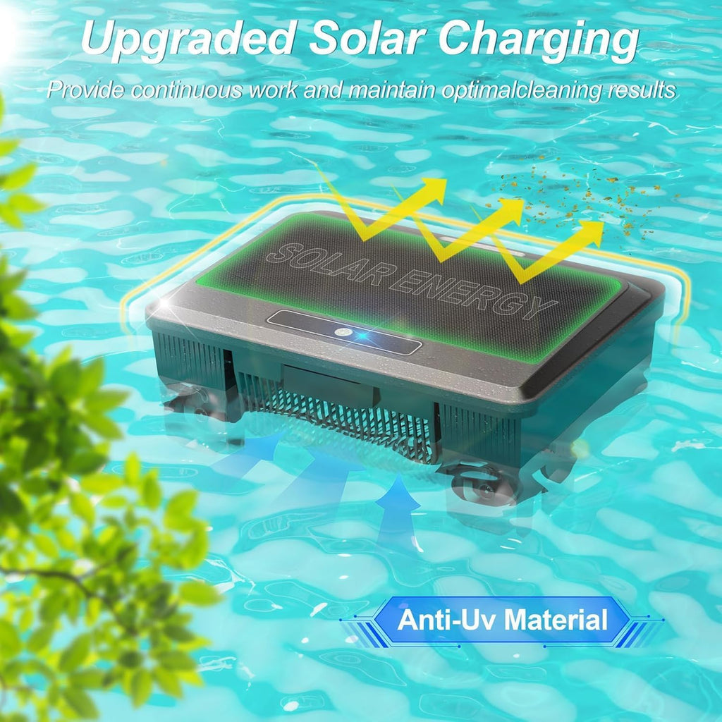 Solar Powered Pool Skimmer Fully Automatic Smart Water Surface Cleaning Robot 12-Hour Battery Life Obstacle Avoidance Durable Dual Comprehensive Cleaning