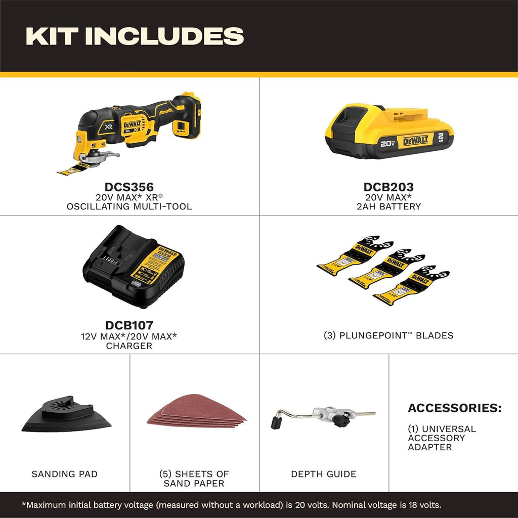 DEWALT 20V MAX XR Oscillating Multi-Tool Kit, Oscillating Tool Accessories, Cordless, 3-Speed, Quick Blade Change, Sand Paper, Blades, Battery and Charger Included (DCS356D1)