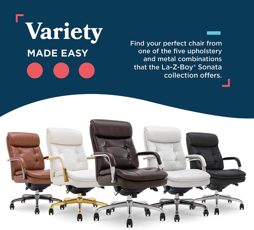 La-Z-Boy Sonata Executive Mid-Back Office Chair, Button-Tufted Seat and Back, Double-Layer Cushion, Padded Armrests, Ergonomic Computer DeskChair, Swivel Metal Base, Bonded Leather, Dark Brown/Chrome