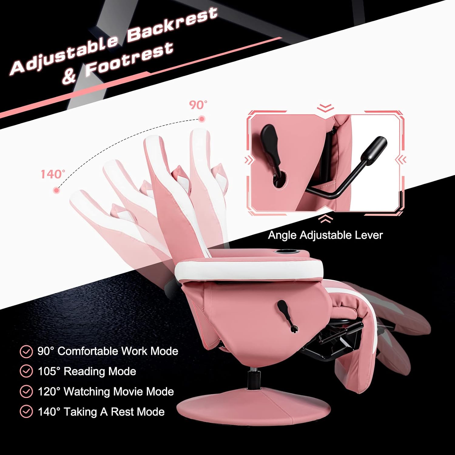GYMAX Gaming Chair with Footrest, Massage Video Game Chairs for Adults with Remote, Adjustable Backrest, Headrest, Cup Holder & Side Pocket, Ergonomic High Back Office Computer Chair (Pink)