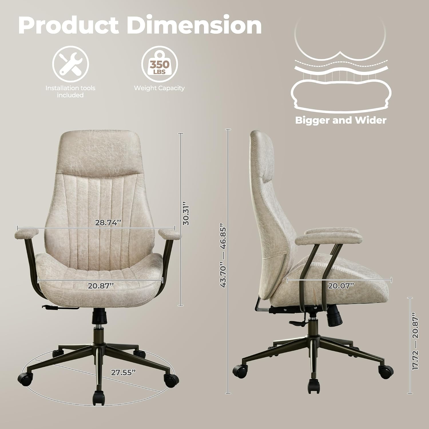 ovios Ergonomic Office Chair, High Back Faux Leather Executive Chairs with Armrests, Comfy Mid-Century Modern Swivel Rolling Computer Armchair (Beige, Suede Leather)