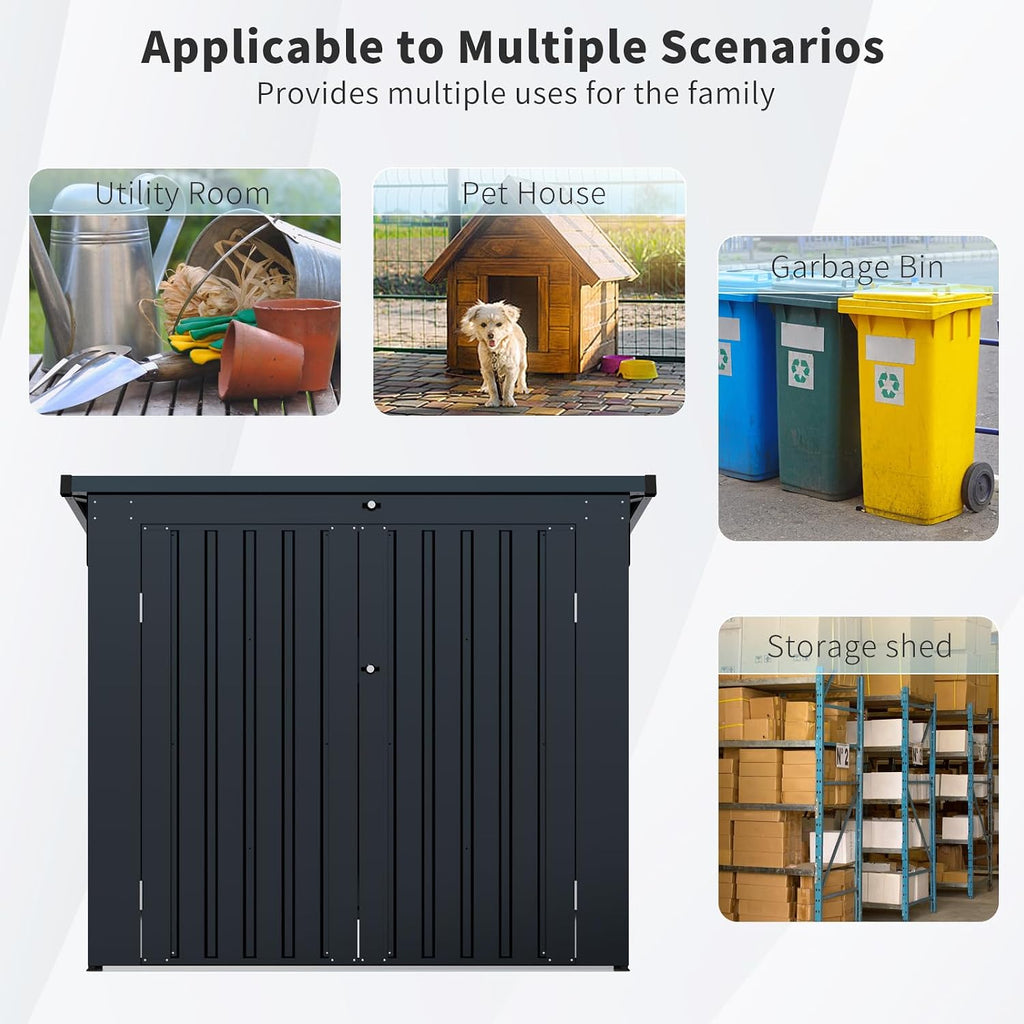 Metal Outdoor Storage Shed, Black, Galvanized Steel, 64.75x41.5x54.25 Inch, Rust Resistant, Lockable Doors, Fits 2 Trash Bins, for Garden Yard Storage