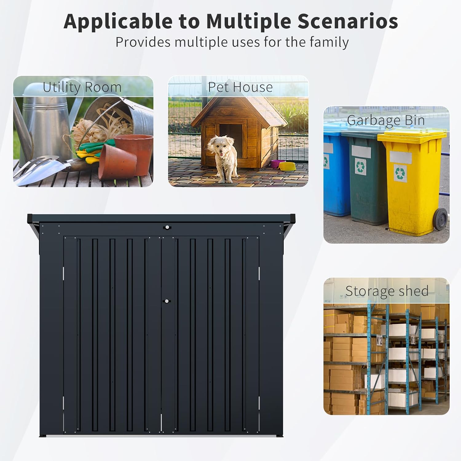 Metal Outdoor Storage Shed, Black, Galvanized Steel, 64.75x41.5x54.25 Inch, Rust Resistant, Lockable Doors, Fits 2 Trash Bins, for Garden Yard Storage
