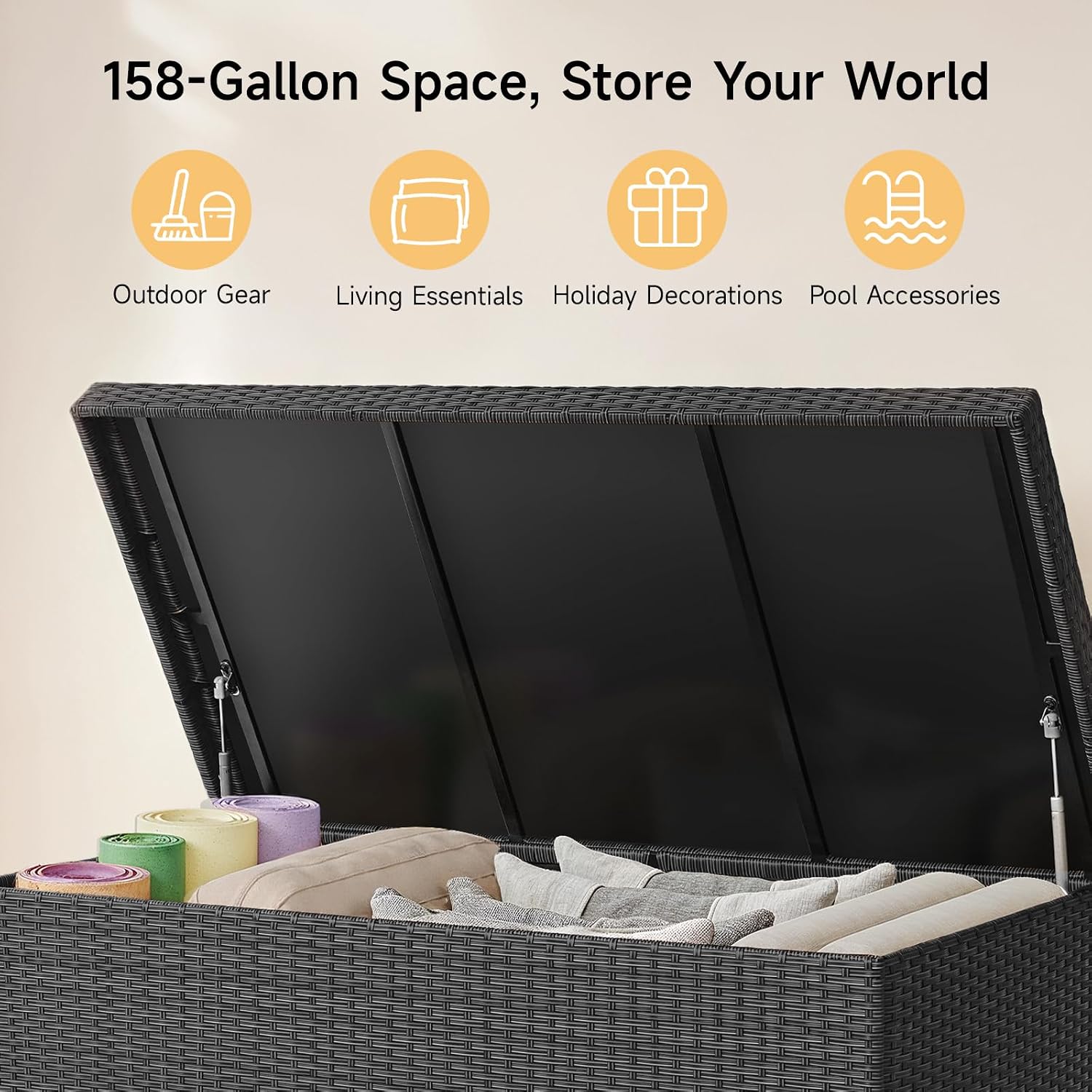 ONBRILL 158 Gallon XL Deck Box with Lid, All Weather Wicker Outdoor Storage Box Waterproof, Large Outdoor Patio Storage Bin for Cushions, Garden Tools, Gears, Pool Accessories, Black