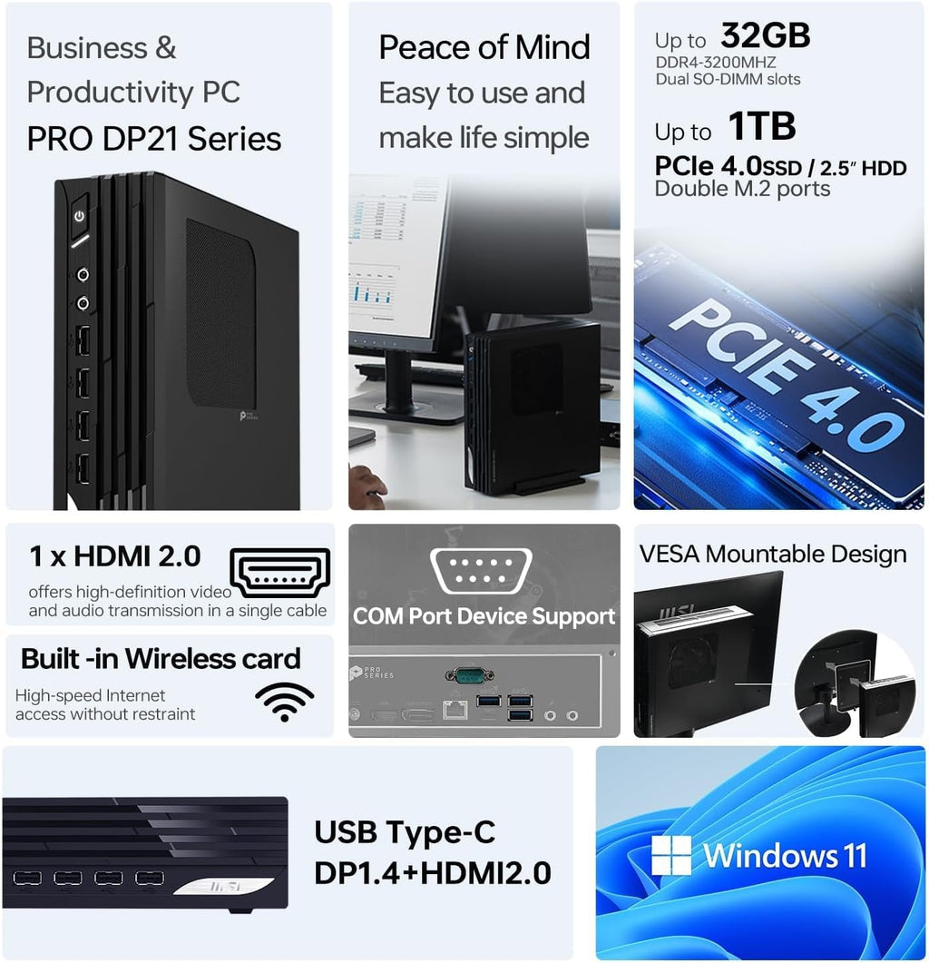 msi PRO DP21 Mini Desktop Computer | 13th Gen Intel 4-Core Processor | 8GB RAM | 512GB SSD | 2-Monitor Support 4K | HDMI | RJ-45 | Wi-Fi | Wired Keyboard & Mouse | Windows 11 Pro | Black
