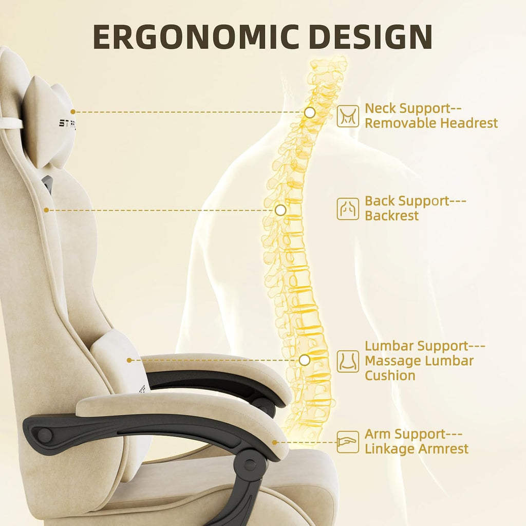 Huracan Velvet Fabric Gaming Chair with Footrest for Adults, Ergonomic Gaming Chairs with Massage Lumbar, Reclining Racing Computer Chair with Spring Cushion for Home Office Video Game, Beige