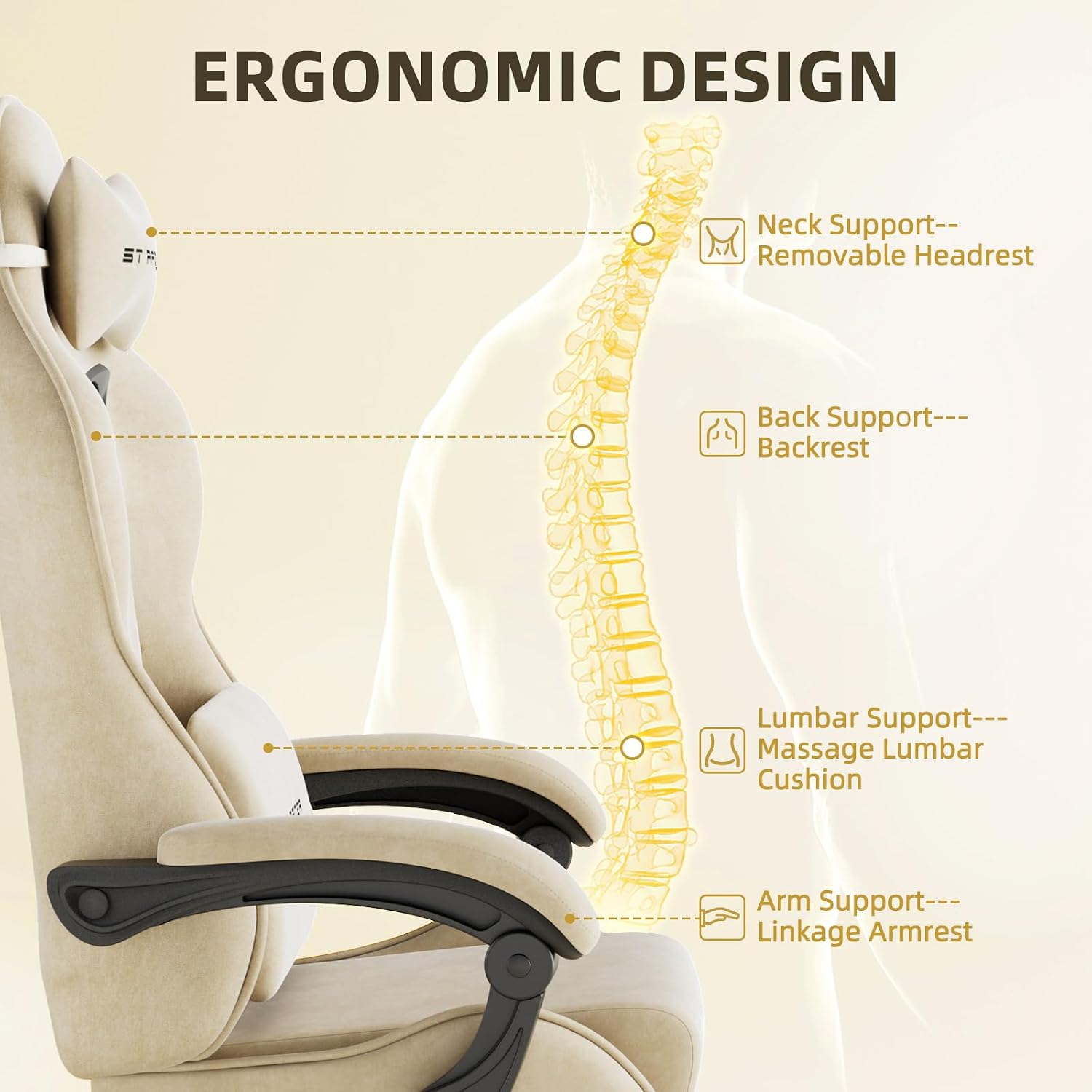 Huracan Velvet Fabric Gaming Chair with Footrest for Adults, Ergonomic Gaming Chairs with Massage Lumbar, Reclining Racing Computer Chair with Spring Cushion for Home Office Video Game, Beige