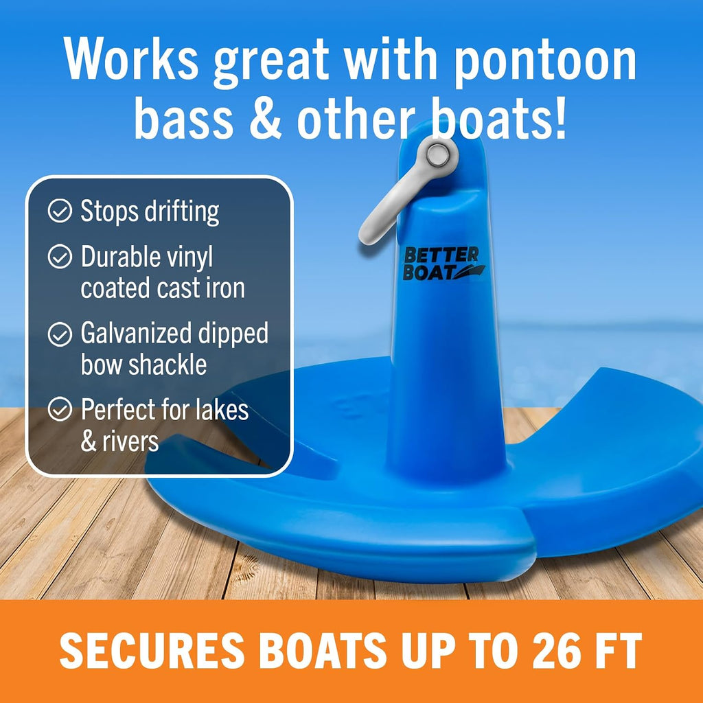 Better Boat River Anchor 30 lb for Boats Up to 26 Ft Pontoon Bass Boat, Vinyl Coated Cast Iron Mushroom Anchor with Bow Shackle for Rivers Mud