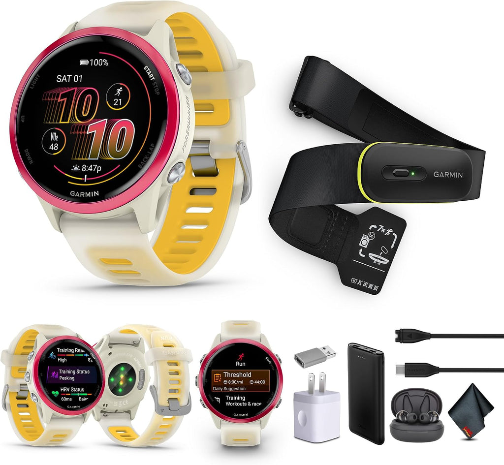 Garmin Forerunner 570 Running Smartwatch, 42MM WiFi, GPS Fitness Smart Watch for Men and Women, Raspberry Aluminum with Translucent Bone/Mango Band + Access 600 Fitness Monitor, M-XL + More