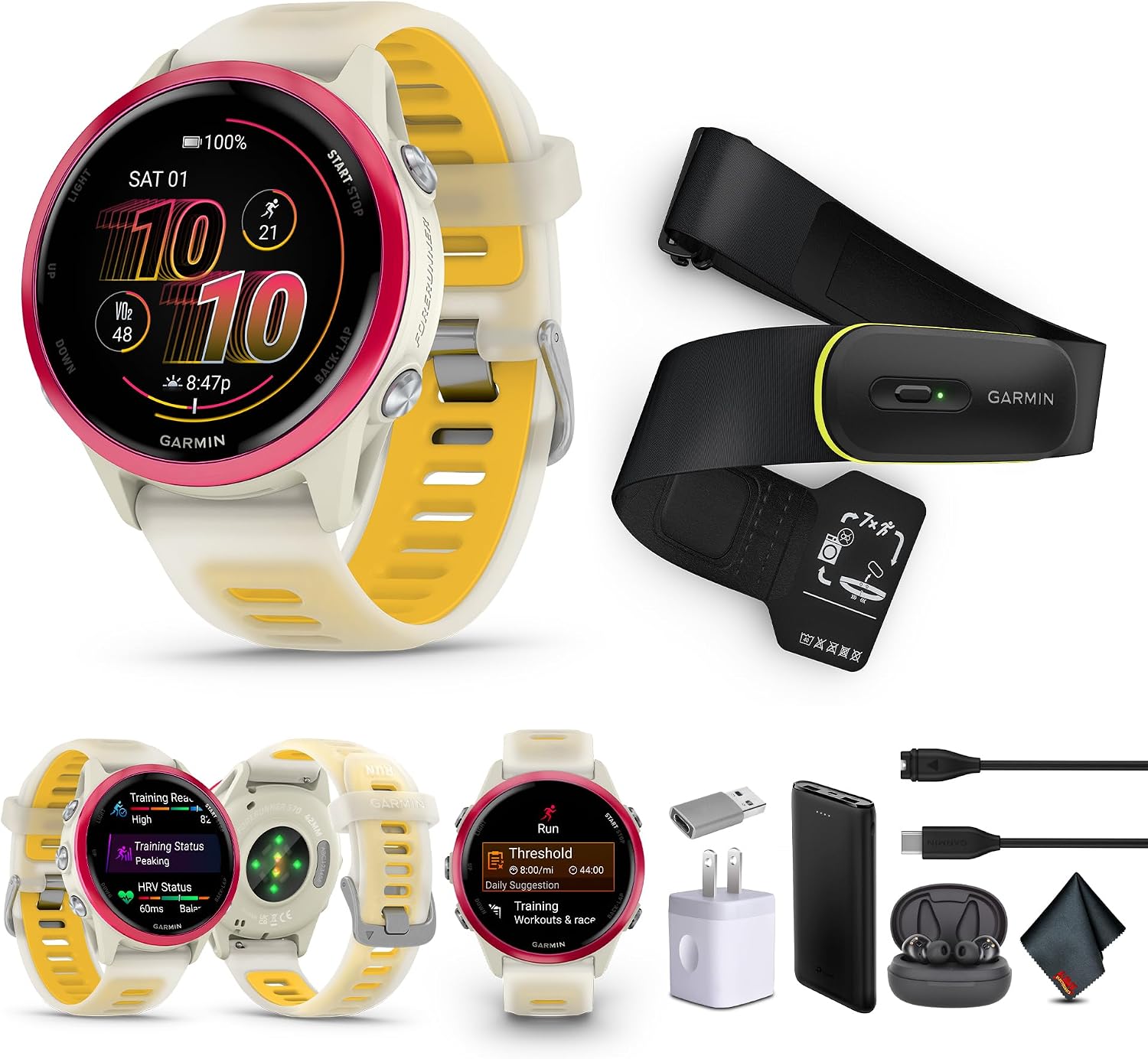 Garmin Forerunner 570 Running Smartwatch, 42MM WiFi, GPS Fitness Smart Watch for Men and Women, Raspberry Aluminum with Translucent Bone/Mango Band + Access 600 Fitness Monitor, M-XL + More