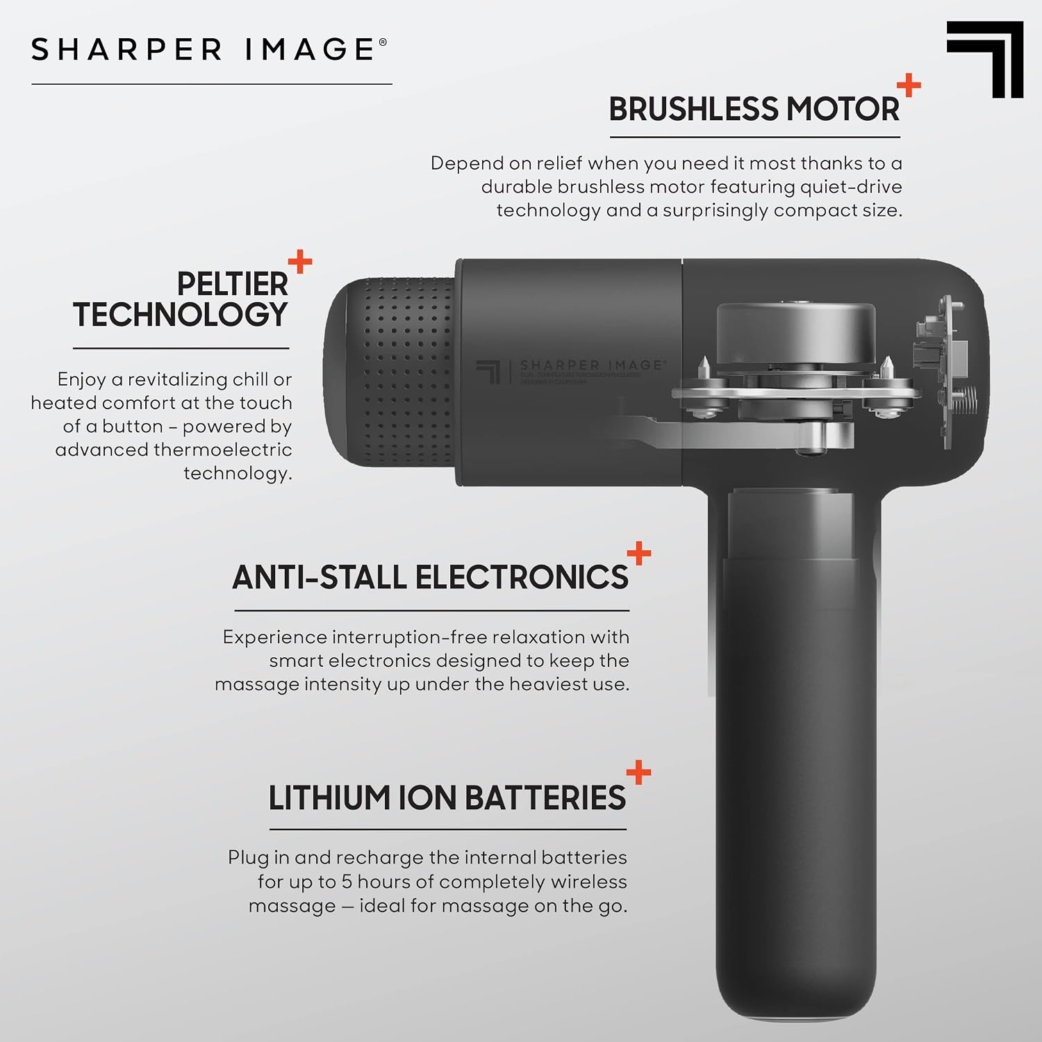 Sharper Image Deep Tissue Percussion Massage Gun, Powerboost Pro+ Hot & Cold Rechargeable Handheld Massager, 6 Adjustable Speeds, 6 Attachment Heads & Carrying Case, Muscle Pain Relief, Black