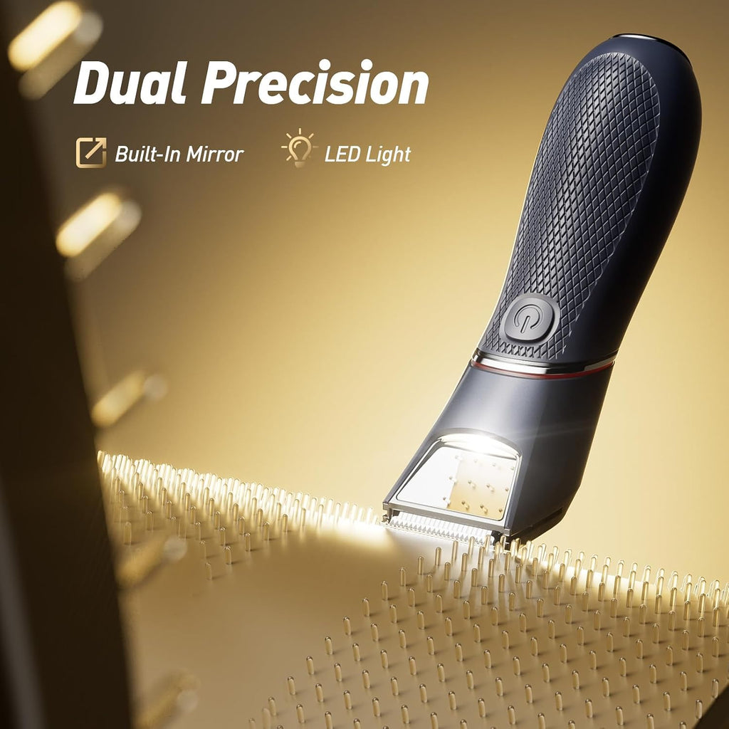Rechargeable Body Trimmer for Men: Pubic Hair Trimmer with Mirror & LED, IPX7 Waterproof Electric Shaver for Pubic Hair, Ceramic Blades, 90-Min Battery, Travel Lock