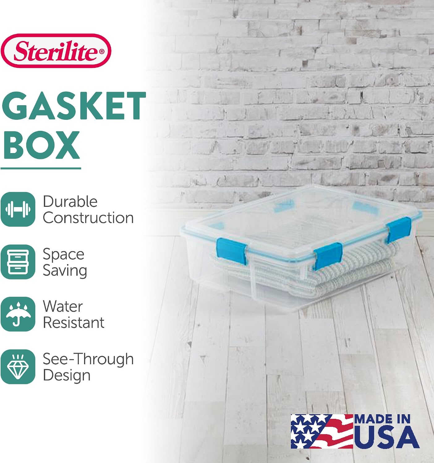 Sterilite 12-Pack Gasket Box, Weather-Resistant Storage Bins with Latching Lids, 37 Quart - Heavy-Duty Organizing Containers for Closet, Bathroom, and Office