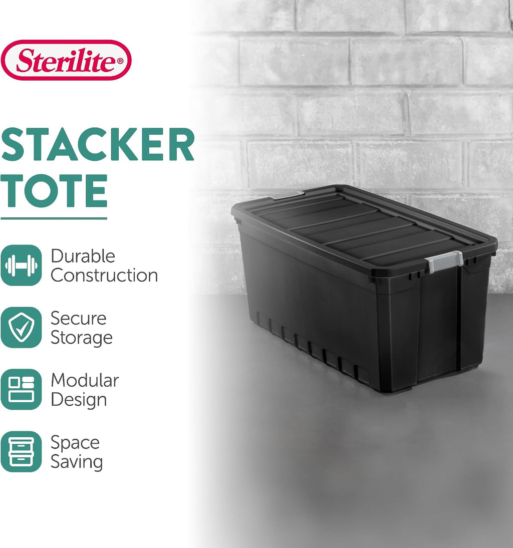 Sterilite 6-Pack Plastic Storage Bins with Lids, Stackable Containers, 50 Gallon, Black