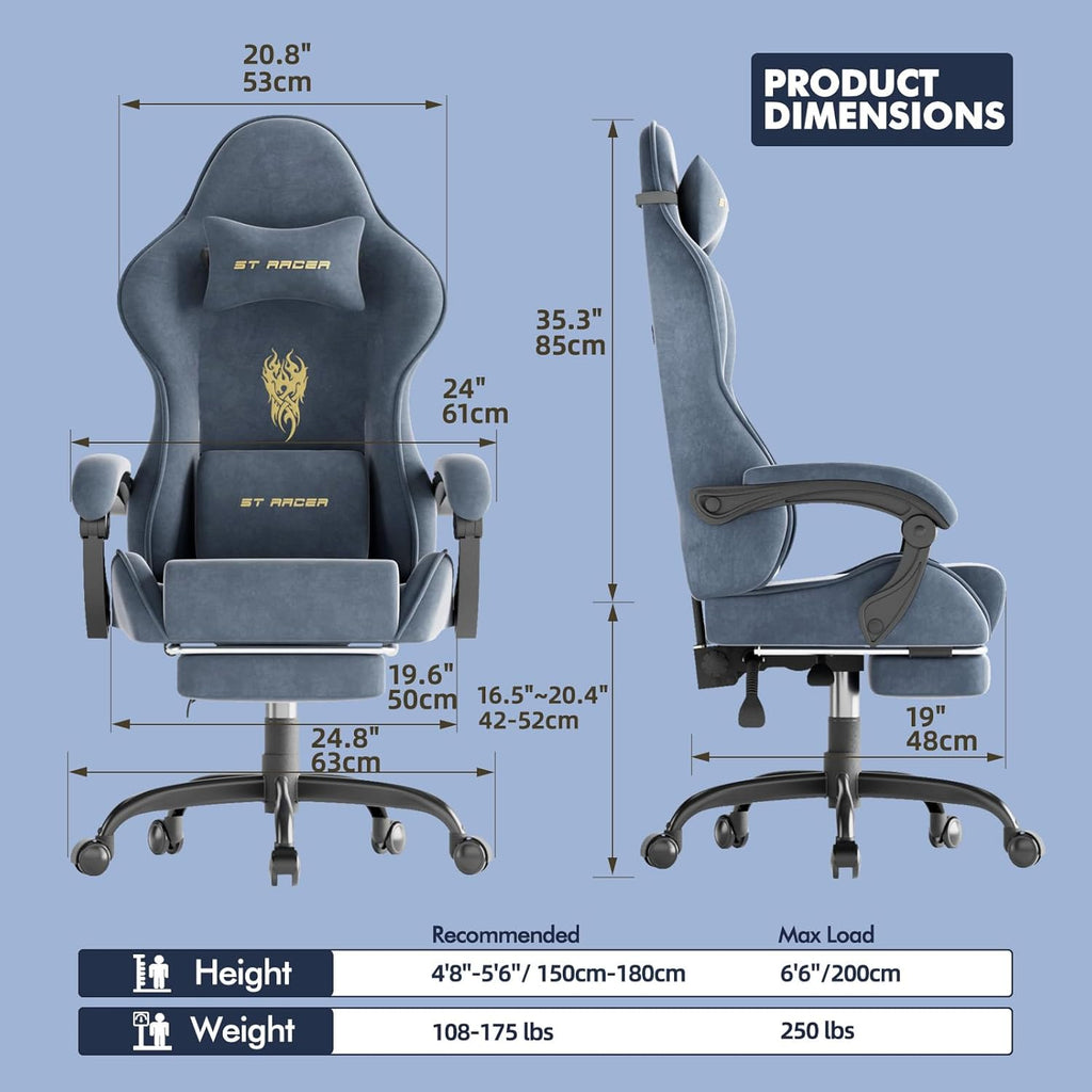 Huracan Velvet Fabric Gaming Chair with Footrest for Adults, Ergonomic Gaming Chairs with Massage Lumbar, Reclining Racing Computer Chair with Spring Cushion for Home Office Video Game, Grey
