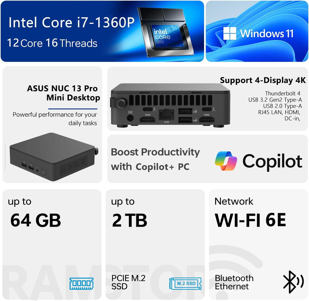 ASUS NUC 13 Pro Mini Desktop, Intel 12-Core i7-1360P, 16GB RAM, 512GB SSD, Wi-Fi 6E, Support 4-Display 4K, Thunderbolt 4, HDMI, Bluetooth, Windows 11 Pro, Black, PC for Home/Business/Gaming