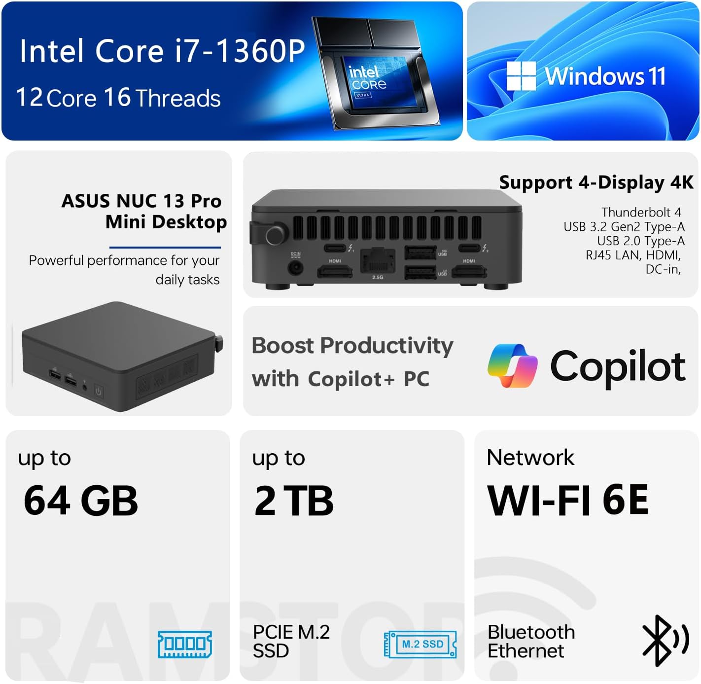 ASUS NUC 13 Pro Mini Desktop, Intel 12-Core i7-1360P, 16GB RAM, 512GB SSD, Wi-Fi 6E, Support 4-Display 4K, Thunderbolt 4, HDMI, Bluetooth, Windows 11 Pro, Black, PC for Home/Business/Gaming
