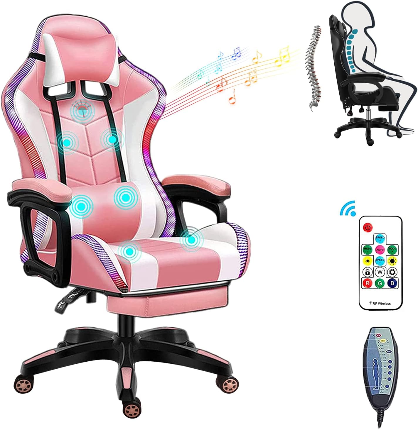 Massage Gaming Chair with Speakers, Ergonomic Recliner Computer Desk Chair, High Back PU Leather Office Chair Adjustable Swivel Reclining Chair with Lumbar Support and Footrest,Pink