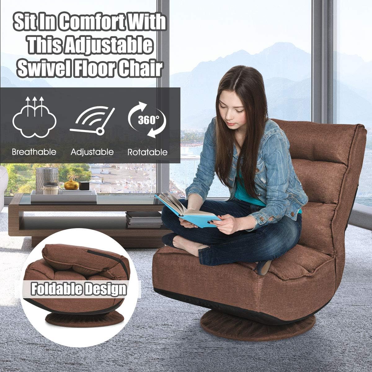 Giantex 360 Degree Swivel Floor Chair, Folding Floor Gaming Chair with 6 Positions Adjustable, Lazy Sofa Lounge Chair w/Tufted Back Support, Video Gaming Chair for Reading TV Watching (Brown)