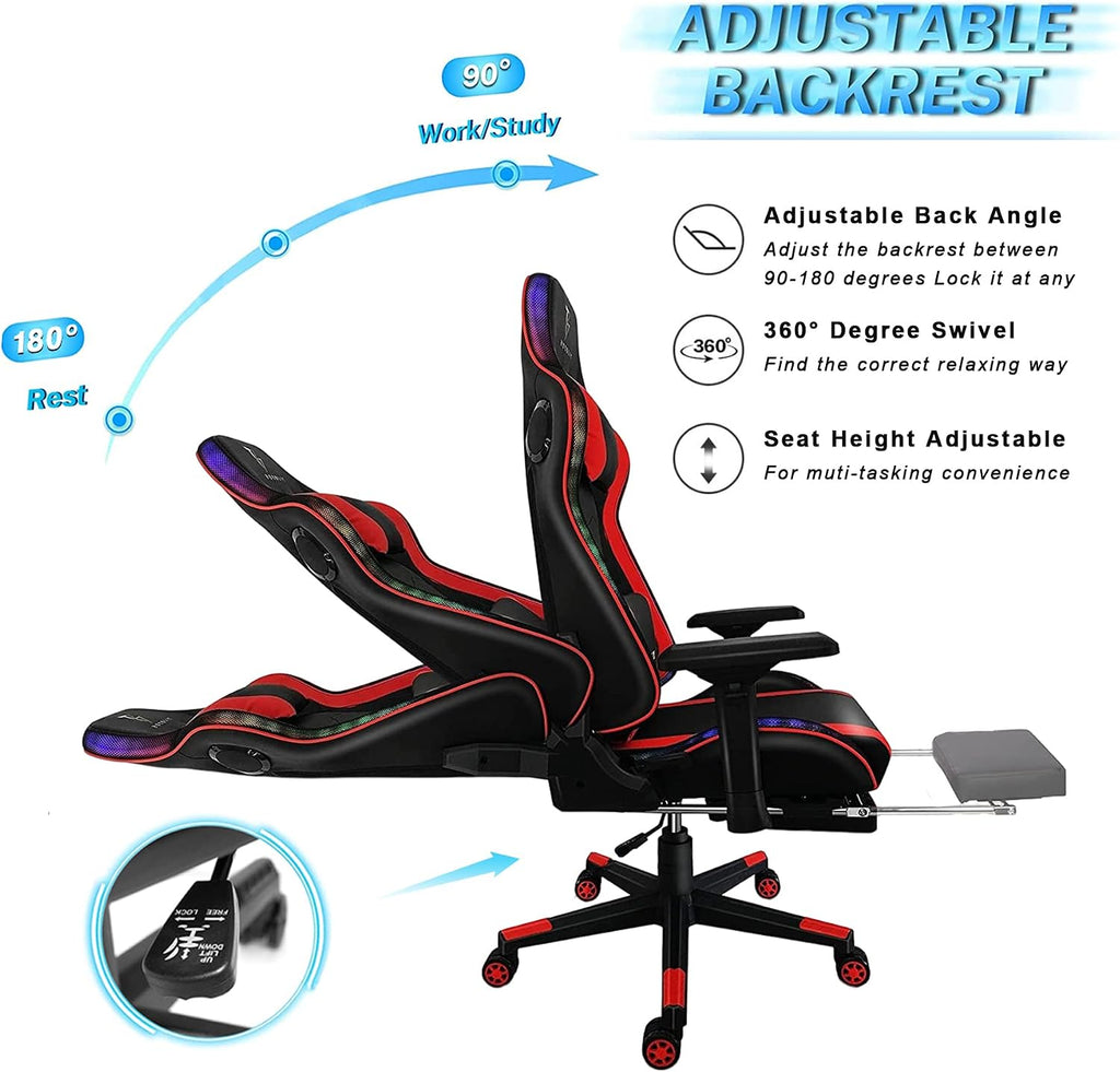 RGB Gaming Chair with Speakers and LED Lights Ergonomic 7-Point Massage Computer Chair with Footrest High Back Music Video Game Chair Headrest Lumbar Support 4D Armrest Office Chair,White