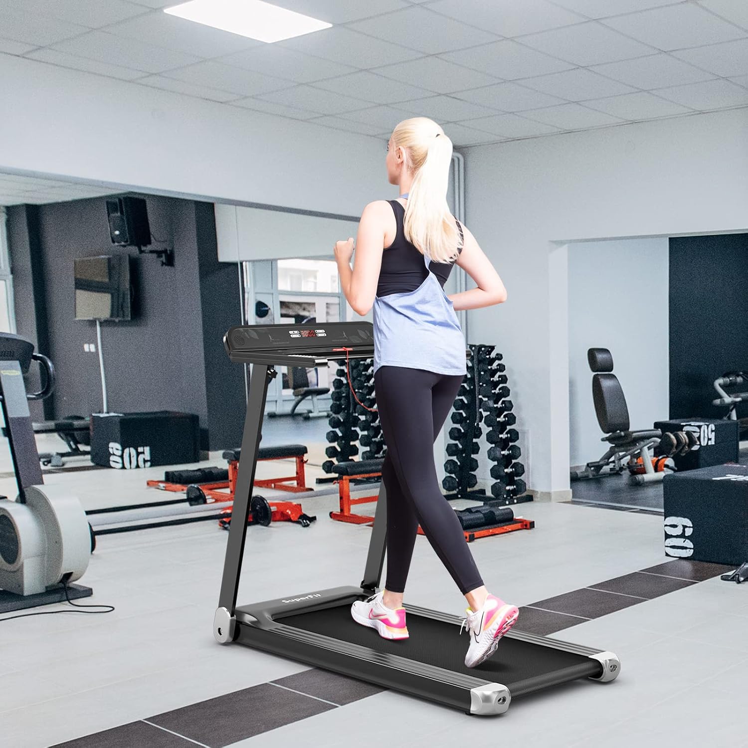 GYMAX Folding Treadmill, Smart APP Control Running Machine, LED Monitor & Adjustable Device Holder, Portable Treadmill for Home Gym Small Apartment