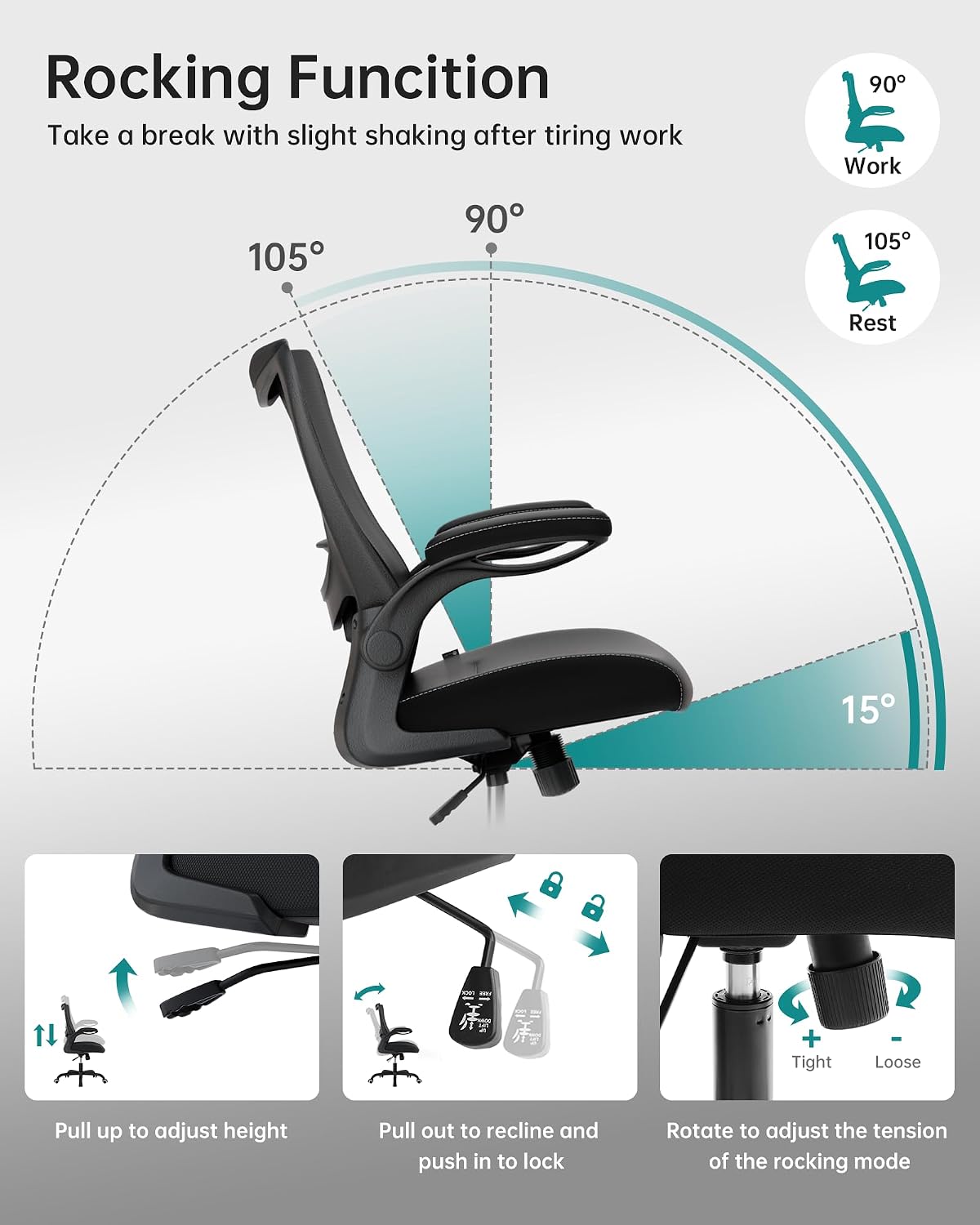 MUXX.STIL Office Chair, PU Leather Ergonomic Desk Chair with Adjustable Lumbar Support and Flip up Armrest, Breathable Mesh Computer Chair for Home Office, Black