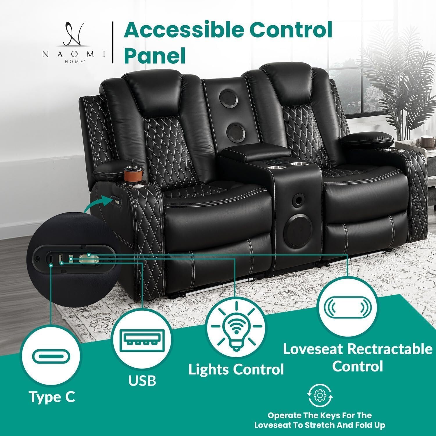 Naomi Home Chicago Home Theater Recliner Chair – Bluetooth Speakers, Wireless Charging, Power Recline, Adjustable Headrest, LED Lighting, Cup Holders & Premium Faux Leather for Ultimate Comfort