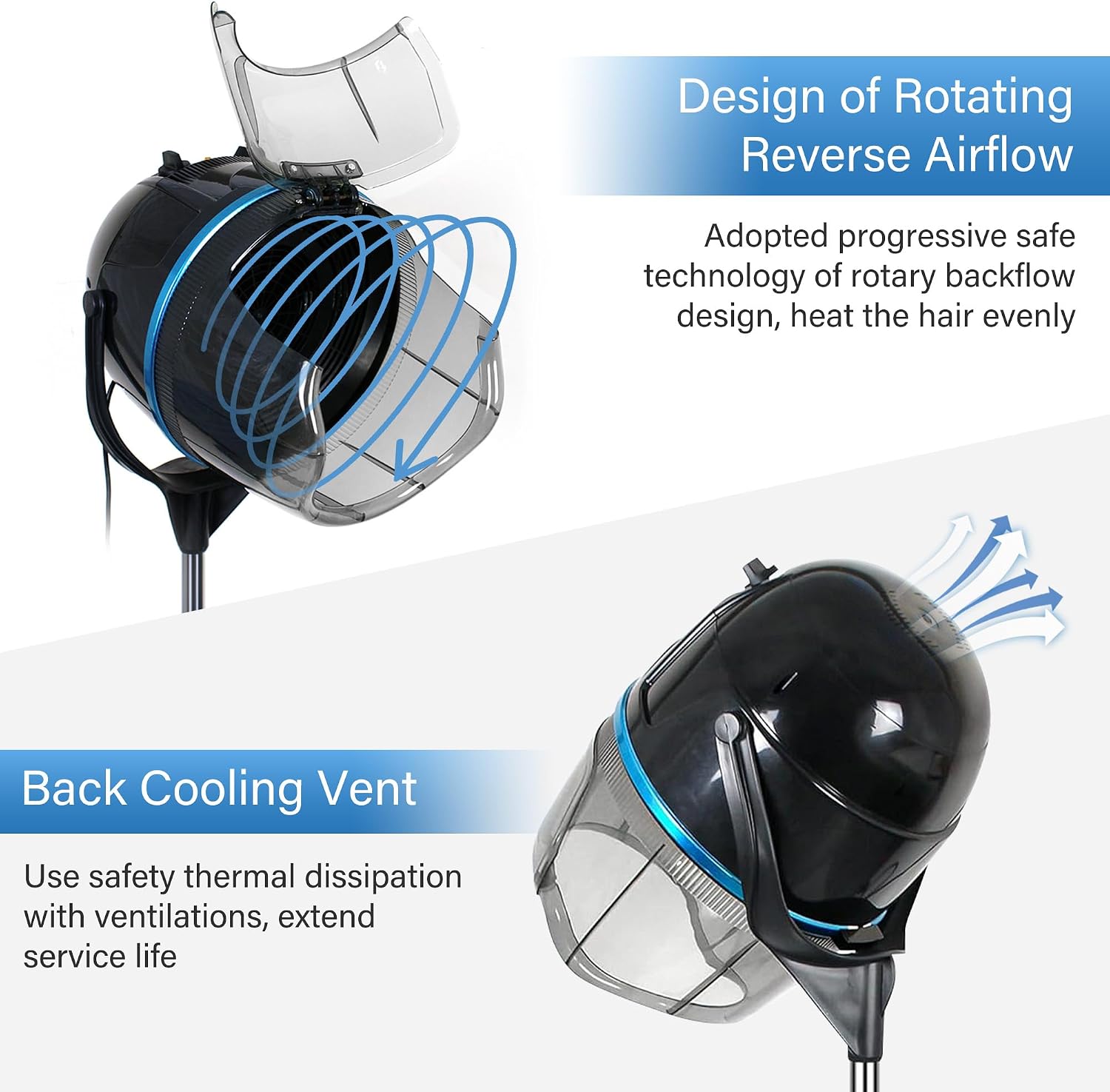 1300W Adjustable Hooded Hair Dryer Professional Stand Up Bonnet Hair Dryer Salon Equipment with Rolling Base for Home Hair Drying