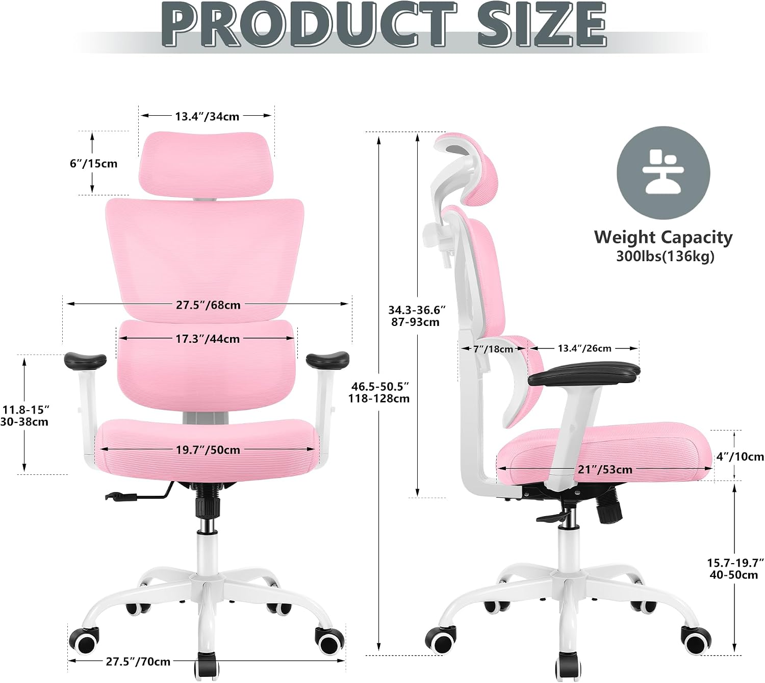 Winrise Office Chair Ergonomic Desk Chair, High Back Gaming Chair, Big and Tall Reclining Chair Comfy Home Office Desk Chair Lumbar Support Breathable Mesh Computer Chair Adjustable Armrests (Pink)