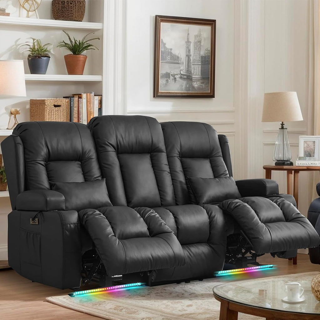 Loveseat Recliner Sofa, Leather Sofa with Massage & Heating, Home Theater Seating Power Reclining Loveseat with Outlet/LED Light/Cup Holders/Lumbar Pillows (Black, 3 Seat)