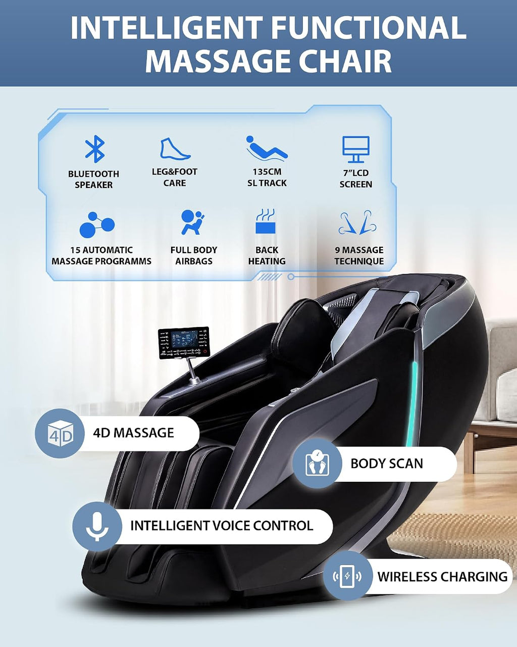 4D Massage Chair: Full Body Zero Gravity Massage Chair Full Body SL Track Chair Massage Black