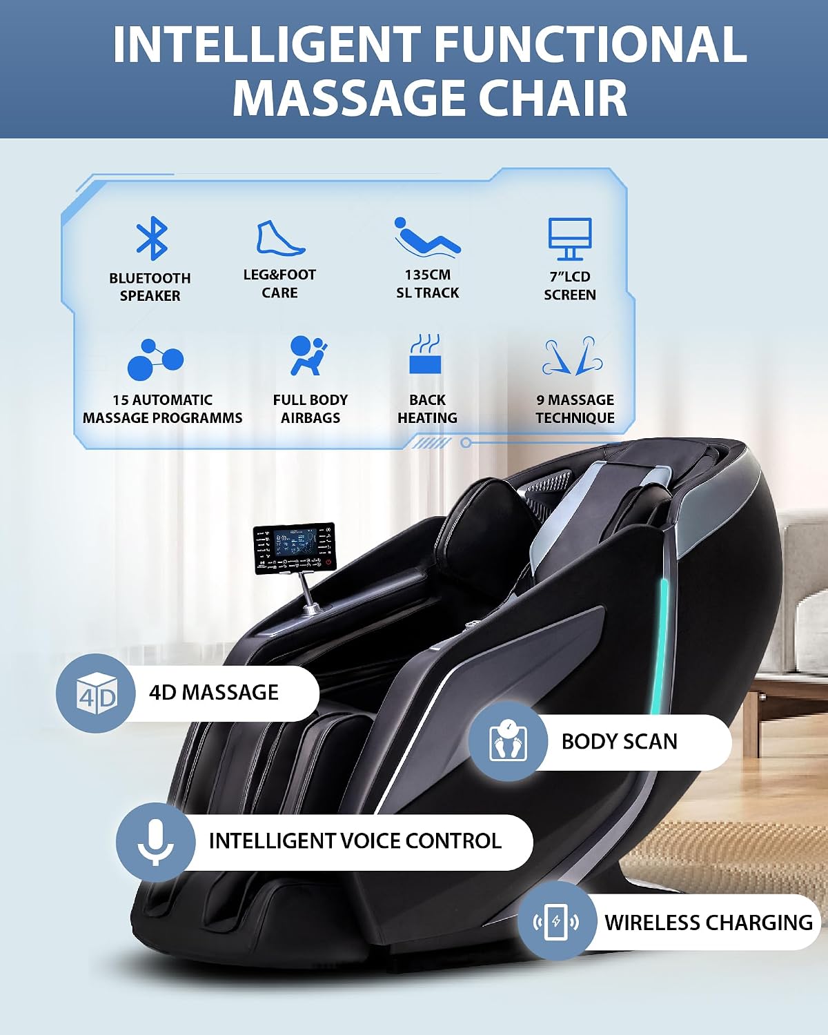 4D Massage Chair: Full Body Zero Gravity Massage Chair Full Body SL Track Chair Massage Black