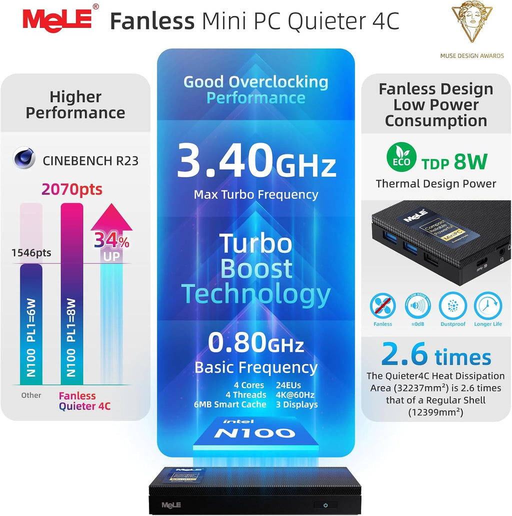 MeLE Mini PC Quieter 4C - 12th Gen N100, Fanless PC, 8GB Memory, 256GB SSD Storage, 2.4/5G Wi-Fi, Full-Functional USB-C, 4K Triple Display Desktop on Home, Office, Education, Astrophotography