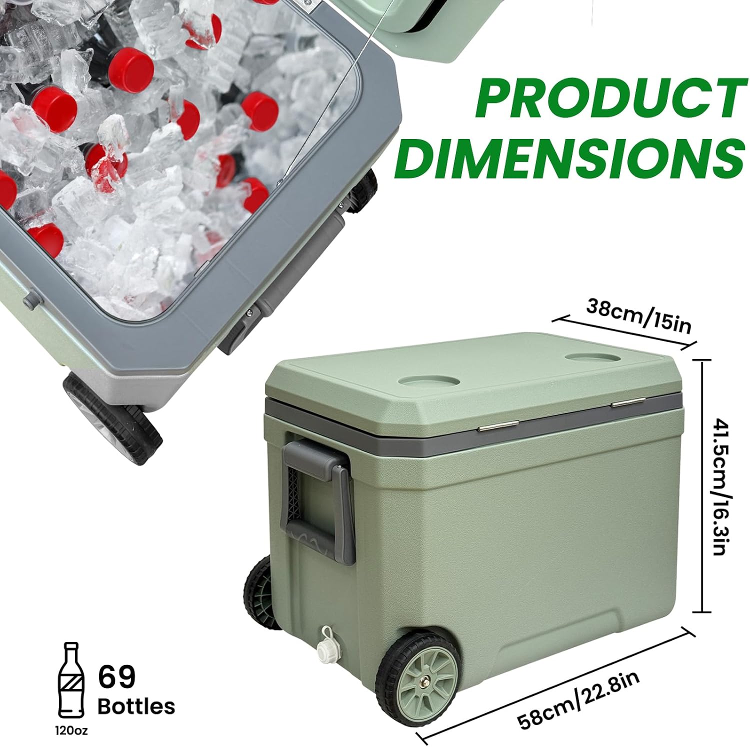 JUST-V 34-127 Quart Insulated Portable Cooler with Heavy Duty Wheels Keeps Ice for up to 5 Days, Great for Drink, Beach, Camping, Tailgating, Sports, & More