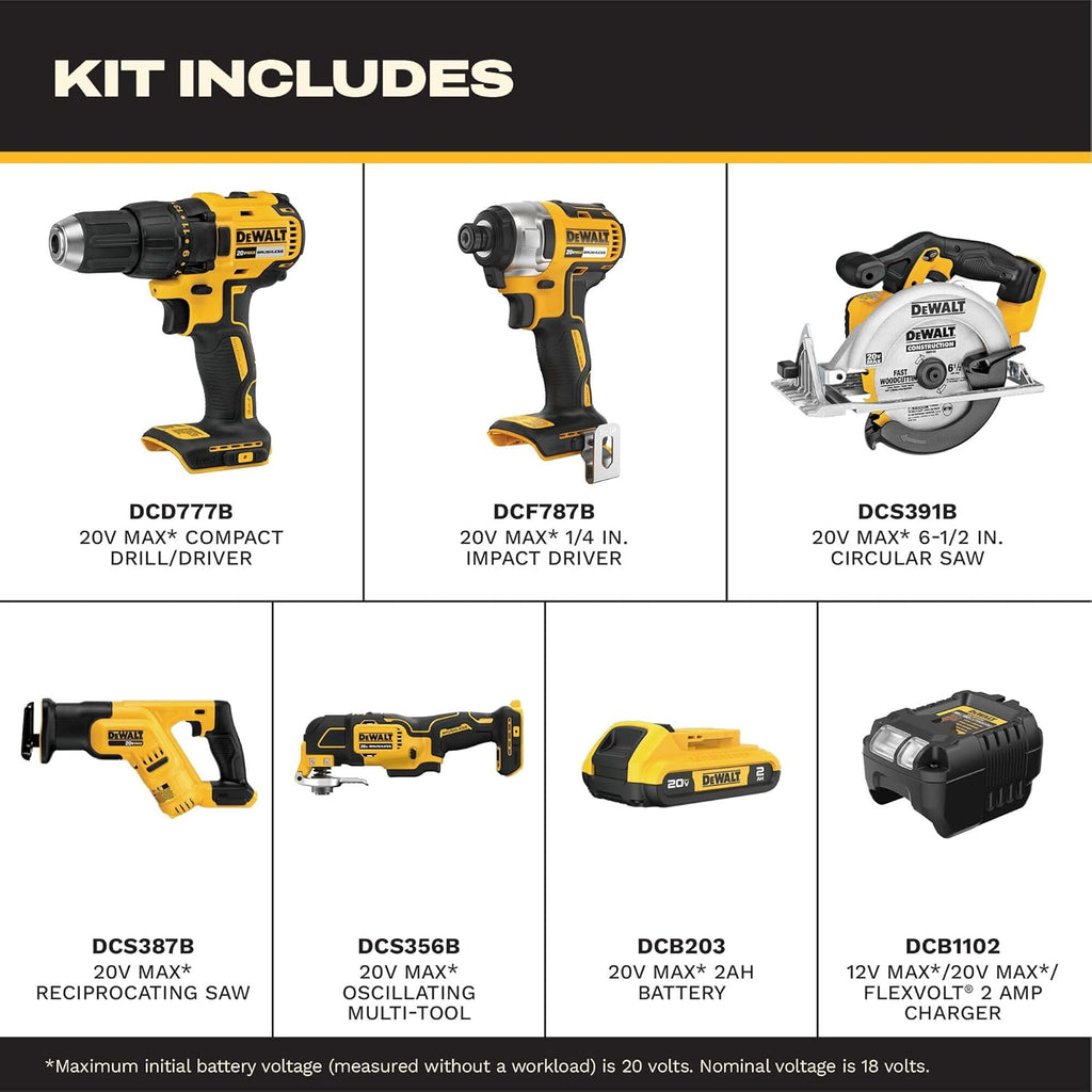 DEWALT 20V MAX 5-Tool Power Tools Combo Kit, Includes 1/2 Cordless Drill,1/4 Impact Driver, Reciprocating Saw, Circular Saw, Oscillating Tool, 5Ah Battery and Charger (DCK540D1)