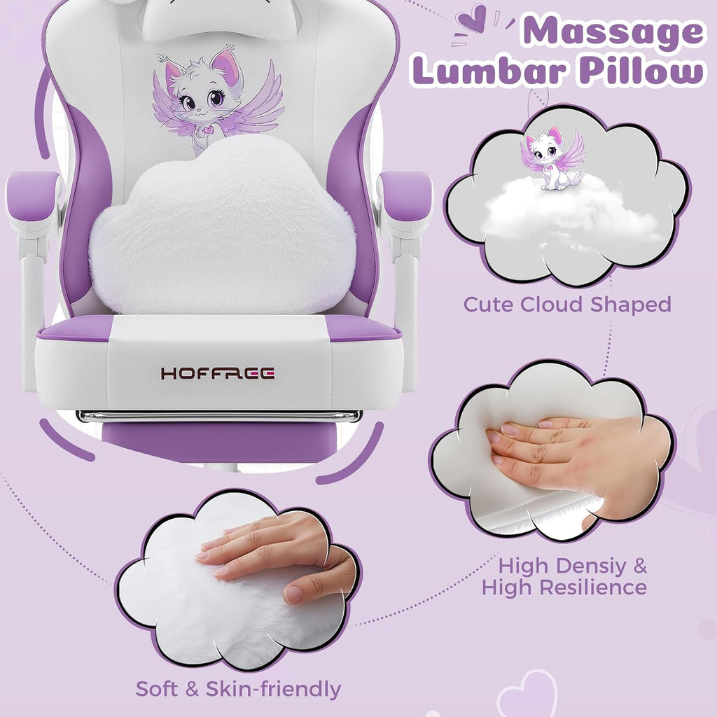 HOFFREE Gaming Chair with Cat Ears and Cloud Massage Lumbar Ergonomic Cute Computer Chair for Girls with Footrest Comfortable Reclining Game Chairs for Adults Purple and White