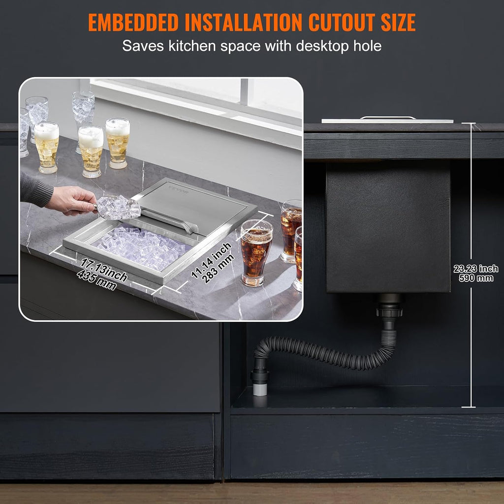 VEVOR Drop in Ice Chest, 18'L x 12'W x 14.5'H Stainless Steel Ice Cooler, Commercial Ice Bin with Sliding Cover, 40.9 qt Outdoor Kitchen Ice Bar, Drain-pipe and Drain Plug Included, for Cold Wine Beer