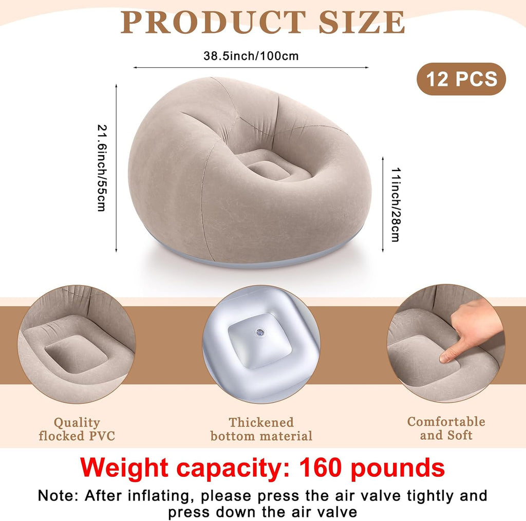 Realspring 6 9 12 Pcs Inflatable Bean Bag Chairs for Adults with Electric Air Pump, Blow up Couch Folding Portable Inflatable Couch Lazy Sofa for Outdoor Movie Night Camping(Coffee,12 Pcs)