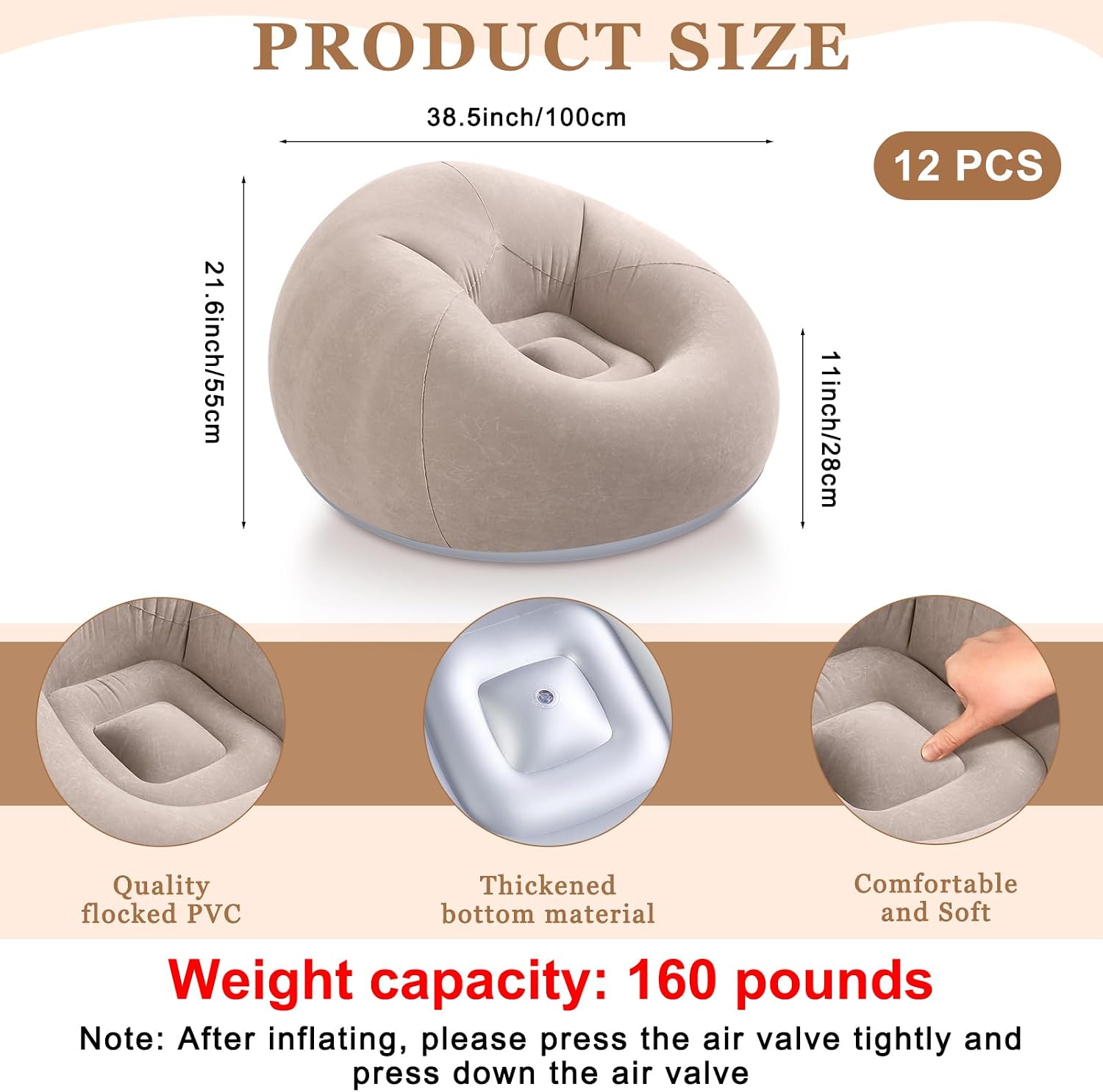 Realspring 6 9 12 Pcs Inflatable Bean Bag Chairs for Adults with Electric Air Pump, Blow up Couch Folding Portable Inflatable Couch Lazy Sofa for Outdoor Movie Night Camping(Coffee,12 Pcs)