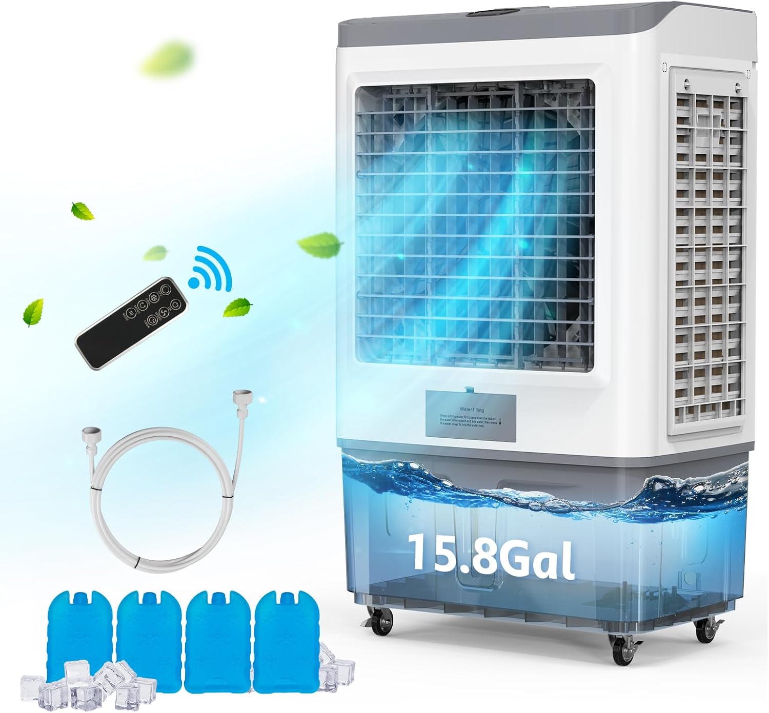 ROVSUN 2900CFM Portable Air Cooler, 15.8Gal/60L Evaporative Swamp Cooler, 3-IN-1 Cooling Fan with Water Connected, Remote Control, 3 Speeds, 12H Timer & 4 Ice Box, Humidifying Oscillating Fan