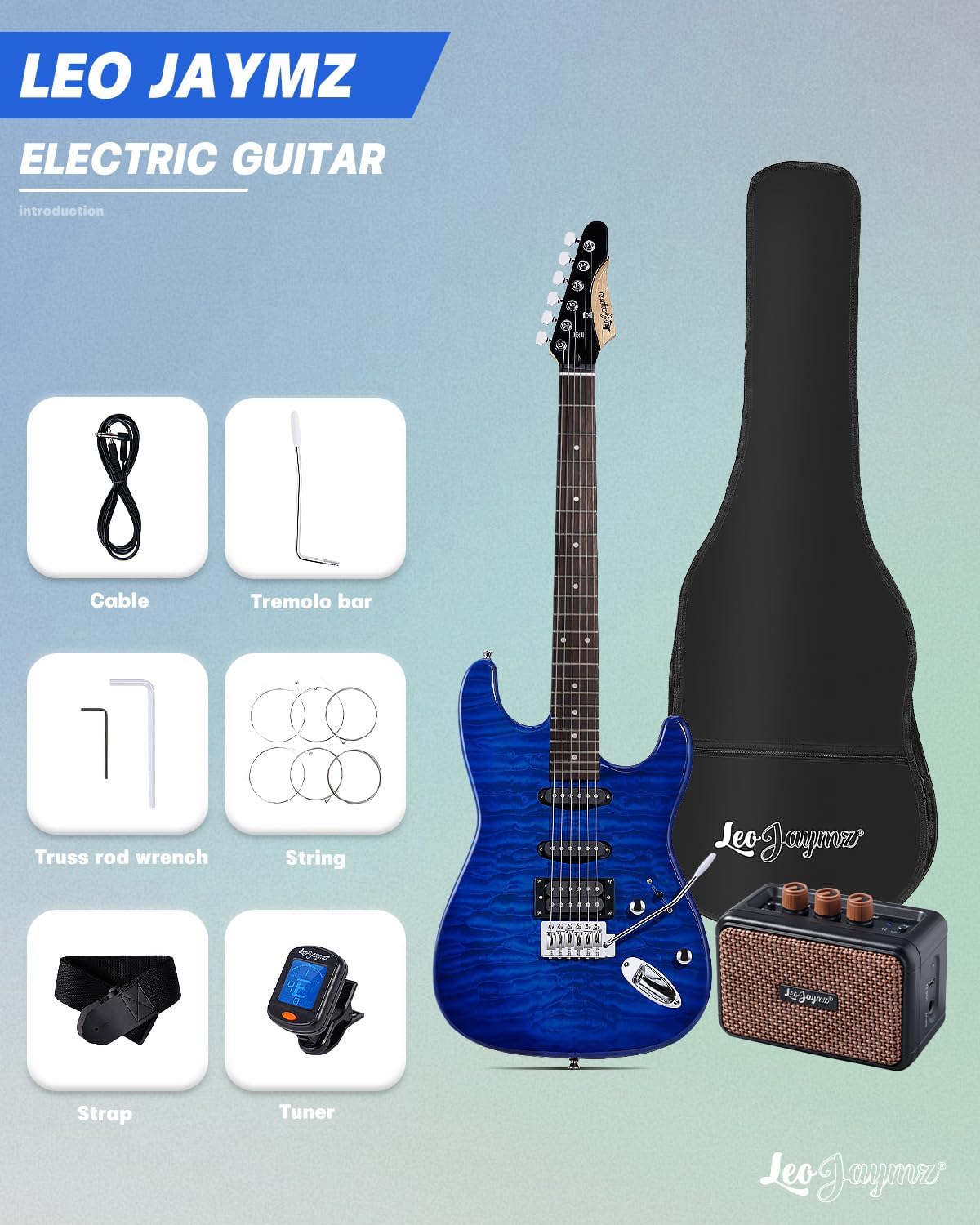 Leo Jaymz 39' Full Size ST Style Electric Guitar Starter Kit with SSH Pickup, 5W Portable Amp, Tuner, Gig Bag, Strap & Accessories (Blue Ocean 5W)