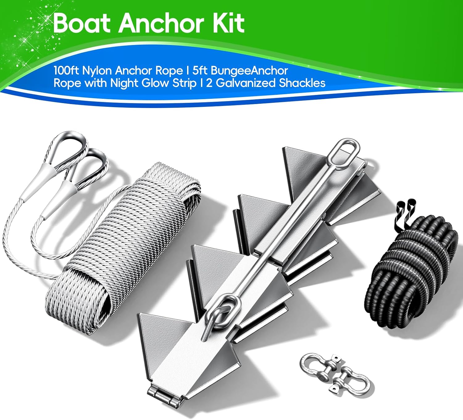 Boat Anchor Kit - Anchor with Dacromet Coating, Box Anchors for 25' Boats, Includes 100 ft 3/8' Anchor Nylon Rope, Suitable for Various Small Boats
