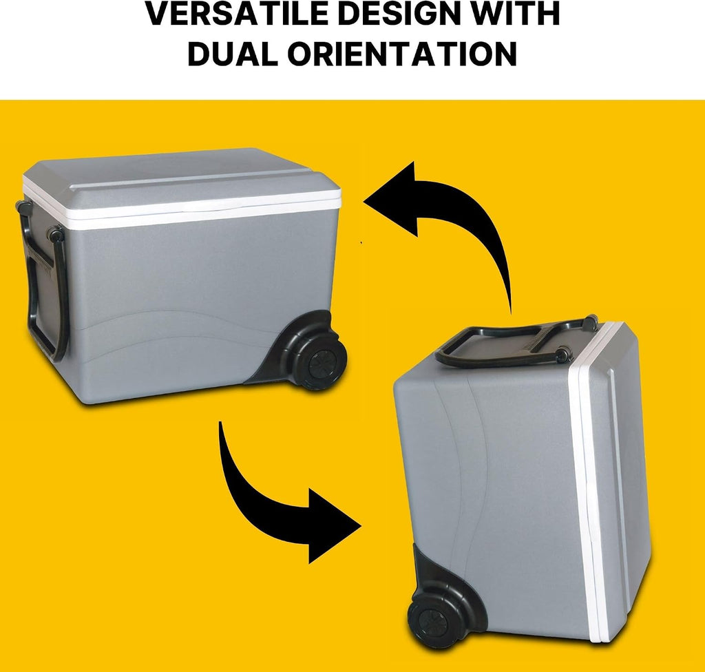 Koolatron Electric Portable Cooler Plug in 12V Car Cooler/Warmer 36 qt (34 L) w/Wheels, No Ice Thermo Electric Portable Fridge for Camping, Travel Road Trips with 12 Volt DC Power Cord, Gray/White.