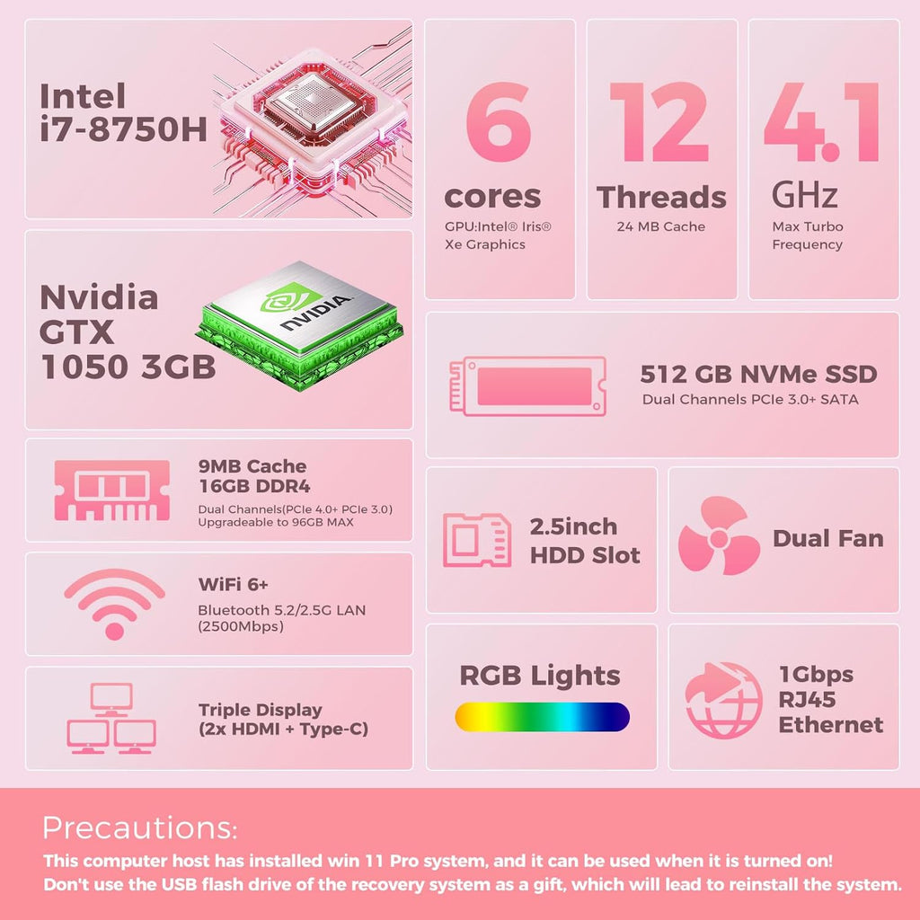 Mini PC, Intel Core i7-8750H(8C/16T up to 4.1GHz), GeForce GTX 1050 3G Discrete Graphics Mini Computer with RGB Lights, 16GB DDR4 RAM, 512 NVMe SSD, 2X HDMI + Type- C, WiFi6 BT5.2, Win 11 Pro, White