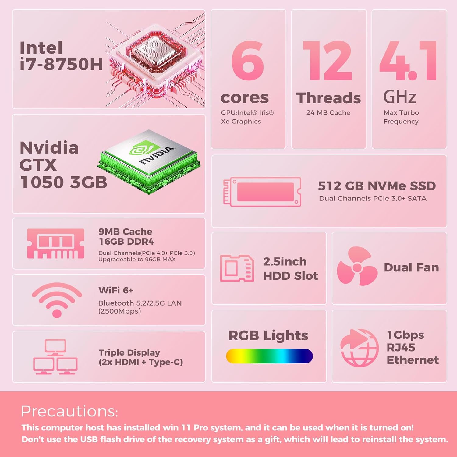 Mini PC, Intel Core i7-8750H(8C/16T up to 4.1GHz), GeForce GTX 1050 3G Discrete Graphics Mini Computer with RGB Lights, 16GB DDR4 RAM, 512 NVMe SSD, 2X HDMI + Type- C, WiFi6 BT5.2, Win 11 Pro, White