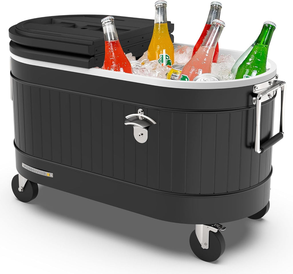 Permasteel Rolling Patio Cooler – Large Outdoor Ice Chest with Wheels, Beverage Cooler for Backyard, BBQ, Tailgate, Beach, Parties, Rustic Farmhouse Design