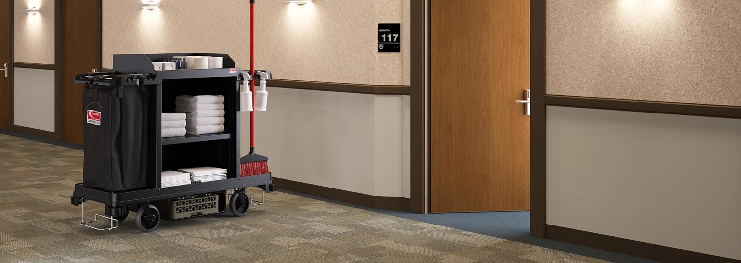 Suncast Commercial Standard Housekeeping Cart with Laundry Bag, Vacuum Holders, Integrated Cleaning Tool Storage, 56' Height x 22' Width, Made in the USA