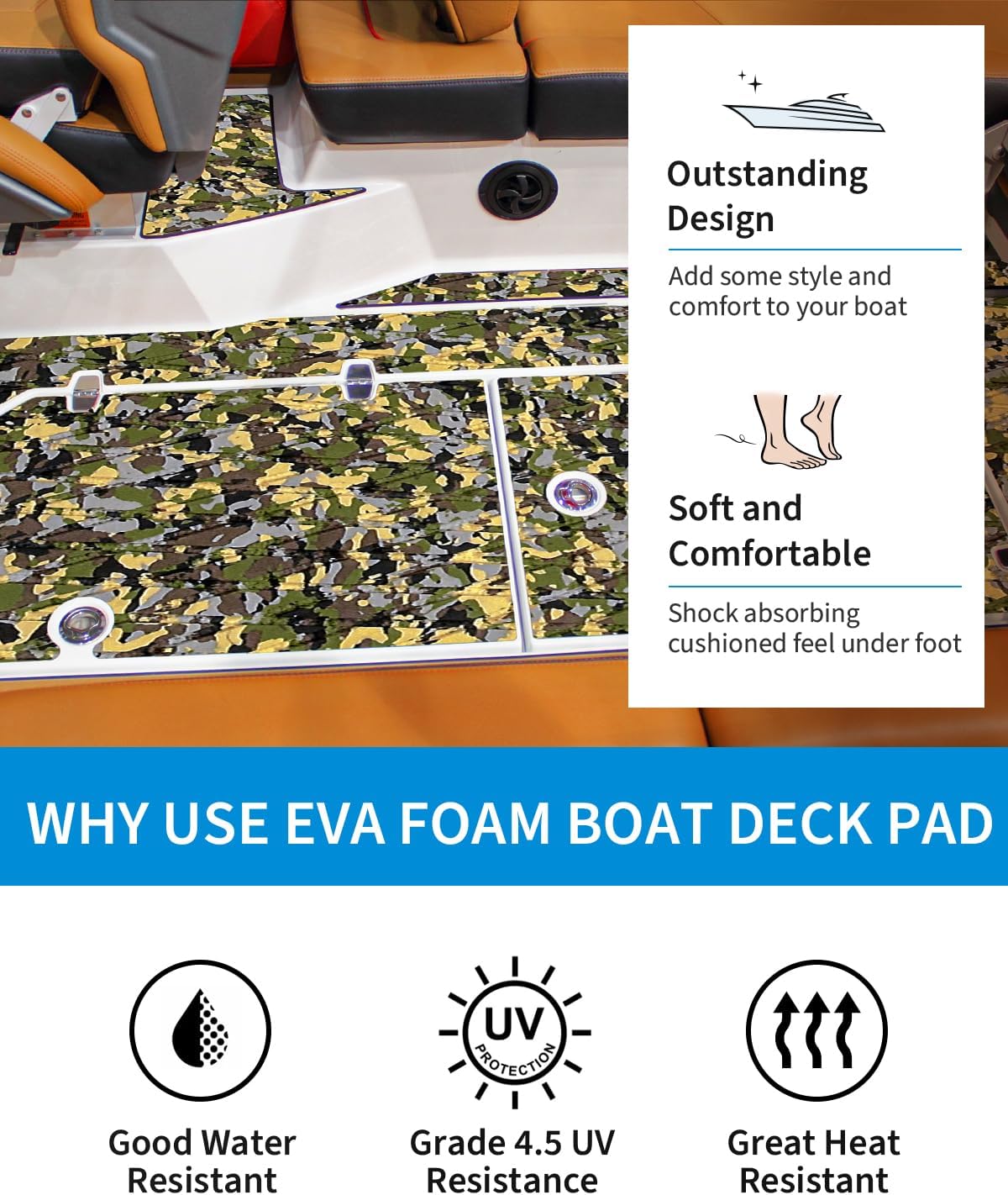 OCEANBROAD Self-Adhesive 96''x16''/23''/38''/47'' Camouflage Boat Flooring Non-Slip Marine Grip Pad EVA Foam Sheet for Jon Boat Surfboard SUP Board Kayak, Camo Black/Blue/Green/Brown/Yellow/Gray