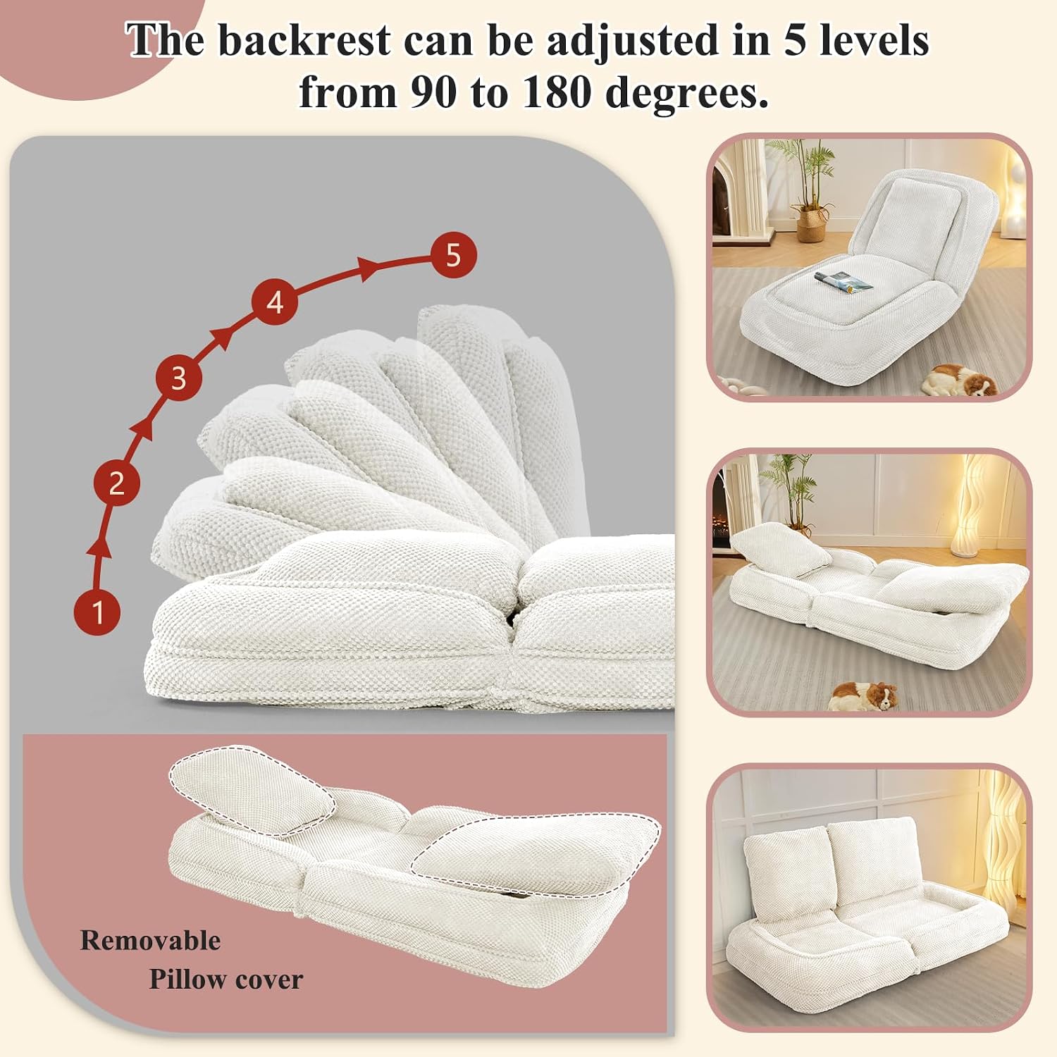 Human Dog Bed, Lazy Sofa Couch, Plush Floor Gaming Chair,5 Adjustable Position, sit, Sleep, fold, Suit to Put in Bedroom, Living Room,Space Saving Design (White)
