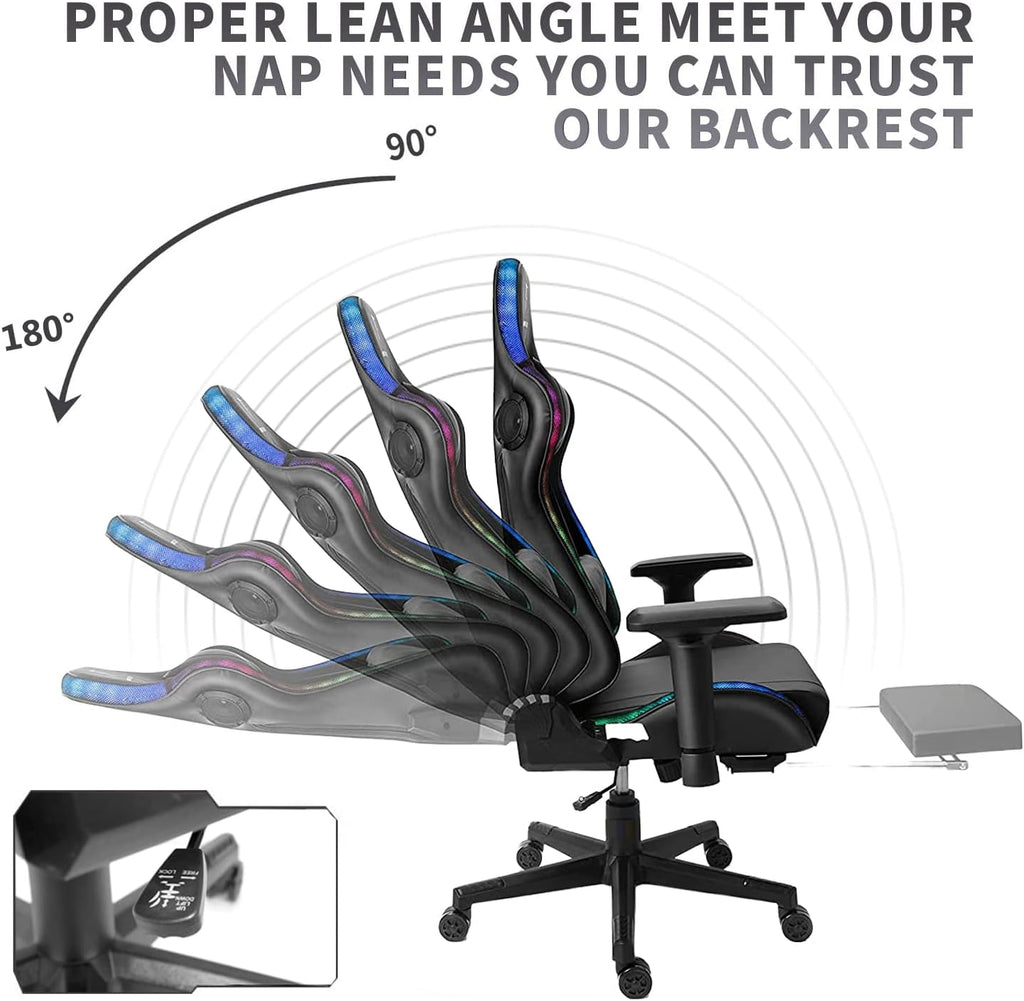 Ergonomic Office Chair with 7-Pointed Vibration Massage and Footrest, Big and Tall PU Leather Gaming Chair with Speakers and RGB Lights, Computer Chair with Lumbar Support Headrest Armrest,Blac